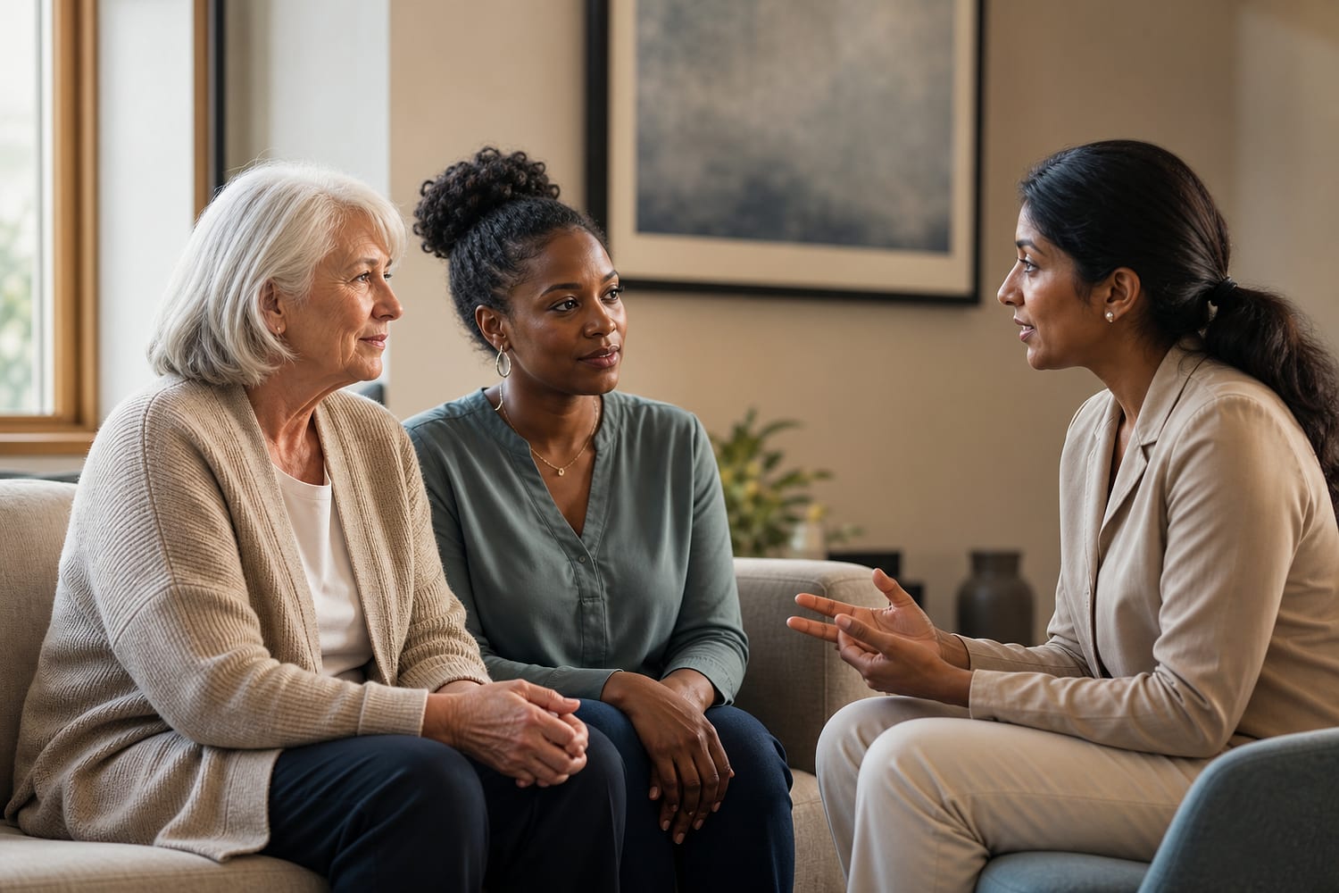 A patient and family member having a patient, trusted conversation with a healthcare coordinator