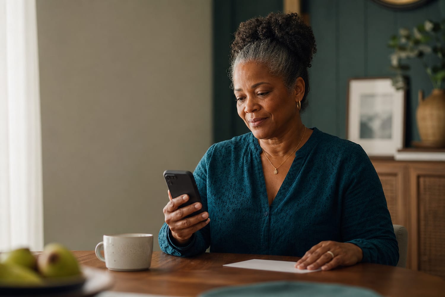 A patient comfortably handling a healthcare bill from home in natural window light